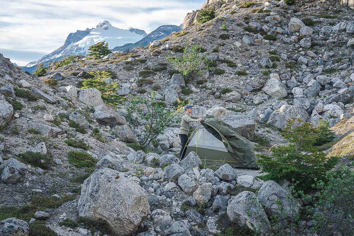 Big Agnes Crag Lake SL2 backpacking tent (putting rainfly on)